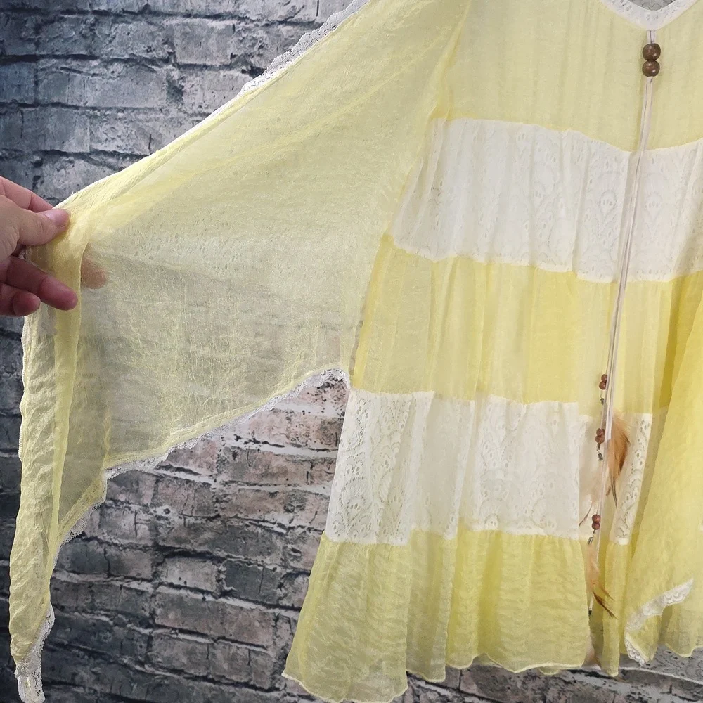 Pretty Angel | Gypsy Boho Cottagecore Yellow And White Silk Blend Tunic Top - Picture 5 of 9